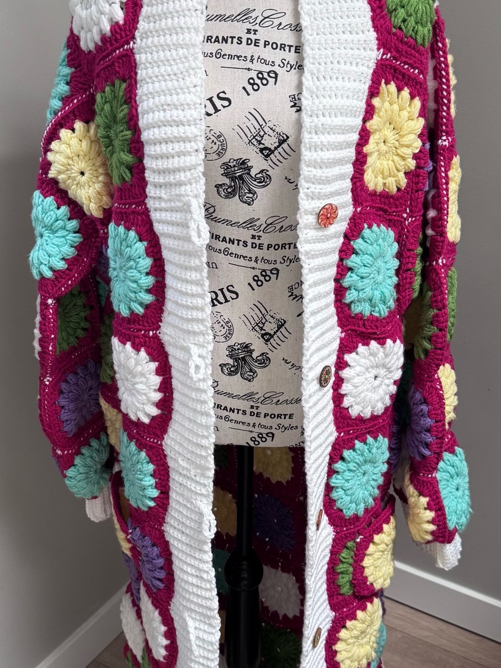 Crochet Granny Square Cardigan Sweater - Magenta with Multicolor Motifs